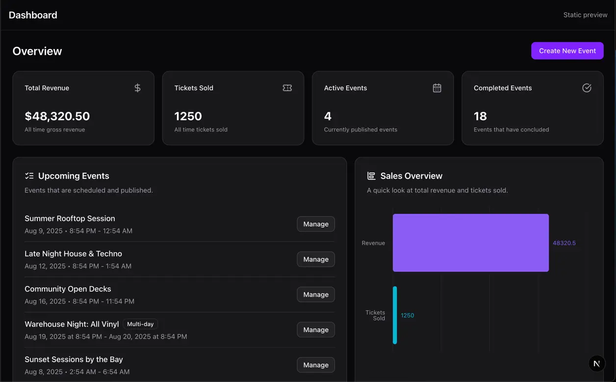 Dashboard showing event management interface